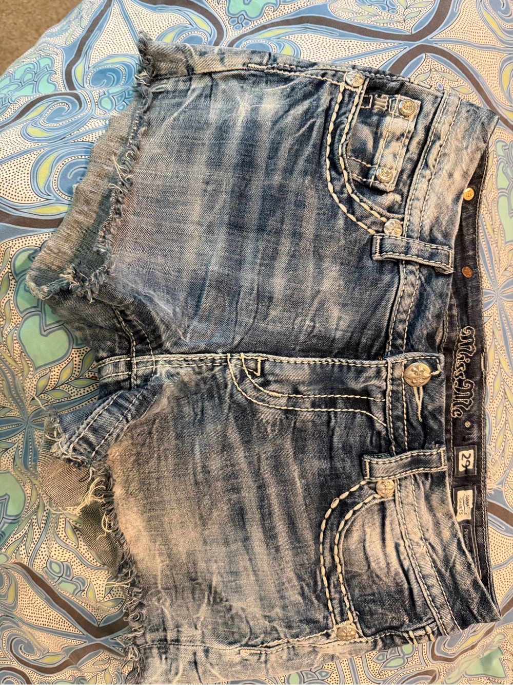 Miss Me Frayed Distressed Denim Cutoff Shorts in Washed Blue